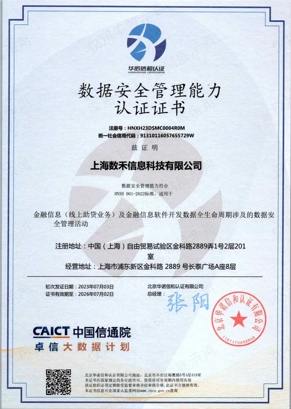 数禾科技数据安全管理能力认证（DSMC）证书